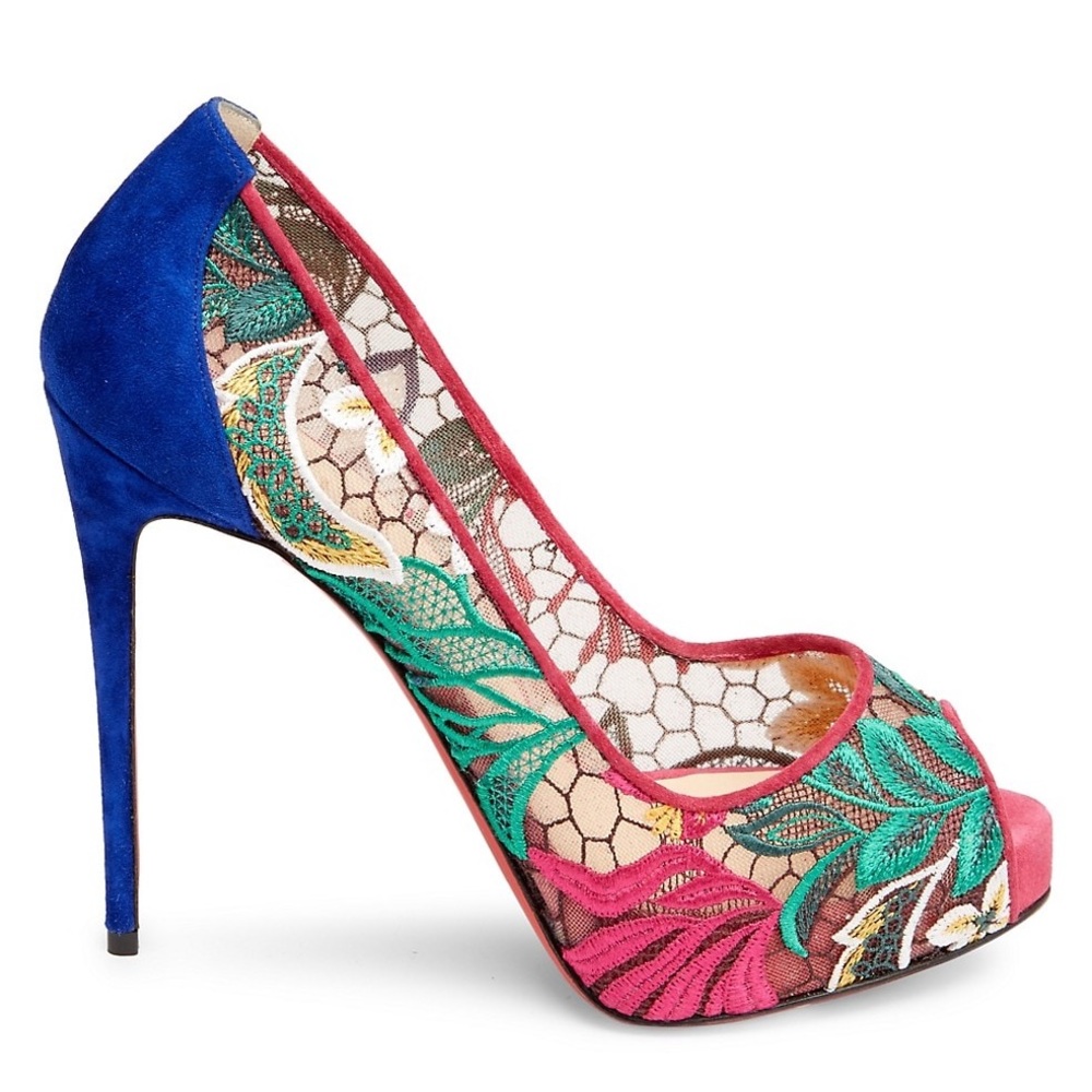 NEW Christian Louboutin Floral Embroidered Heels Pumps Peep Toe Platform Sandals